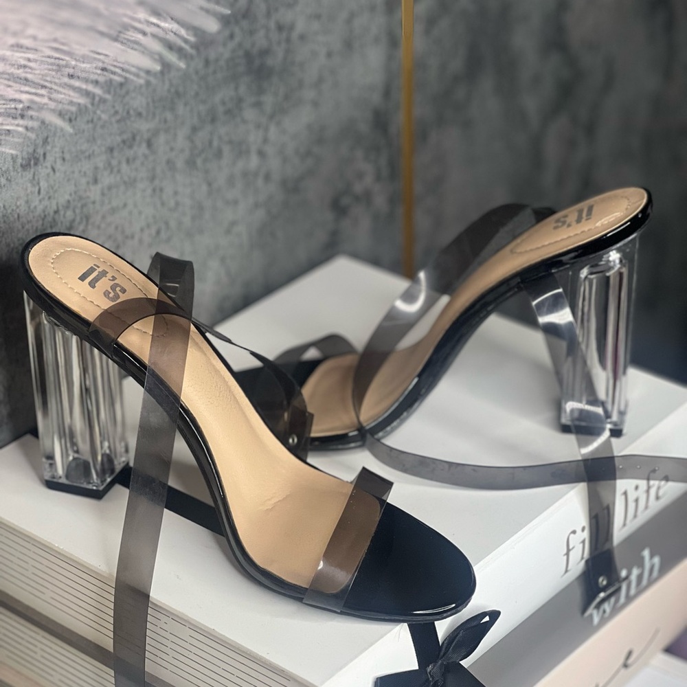 Transparent Black Heeled Sandals